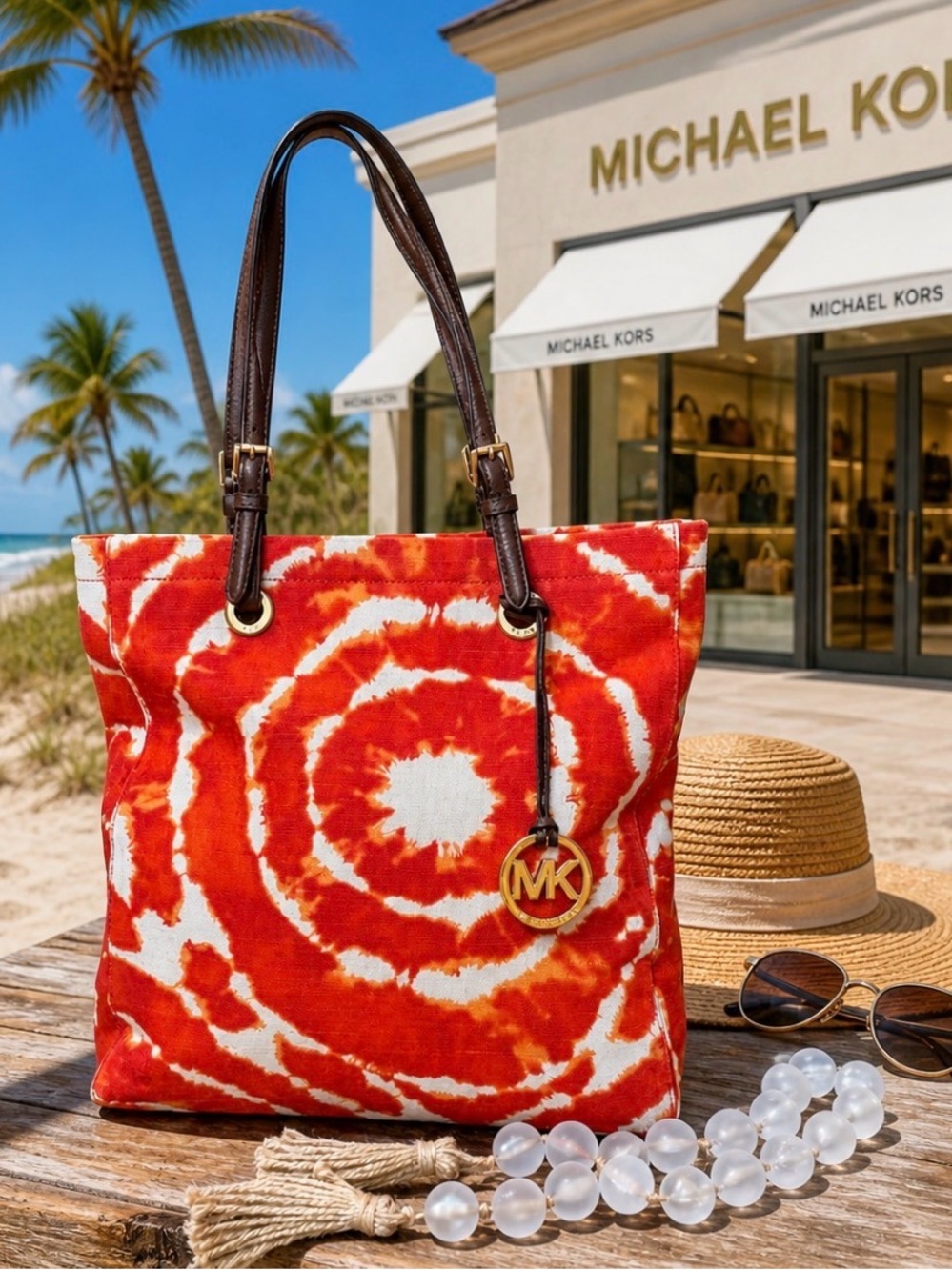 MICHAEL KORS Jet Set Orange Tie-Dye Canvas Tote Brown Leather Handles Gold Hardw